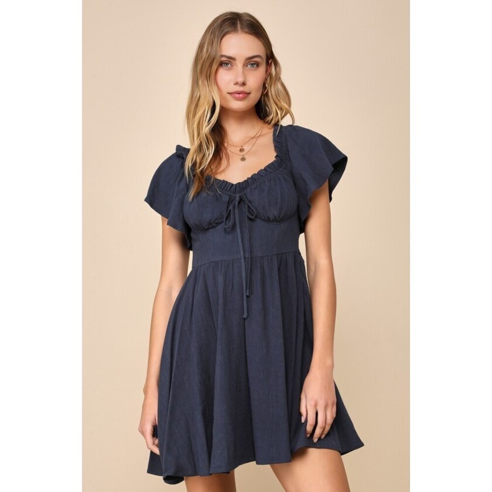 Navy Blue Linen Off-the-shoulder Mini Dress